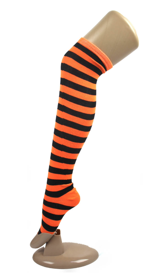 OVER THE KNEE SOCKS Plain Striped High Thigh Ladies Long Womens Stripey Stocking - Orange/Black