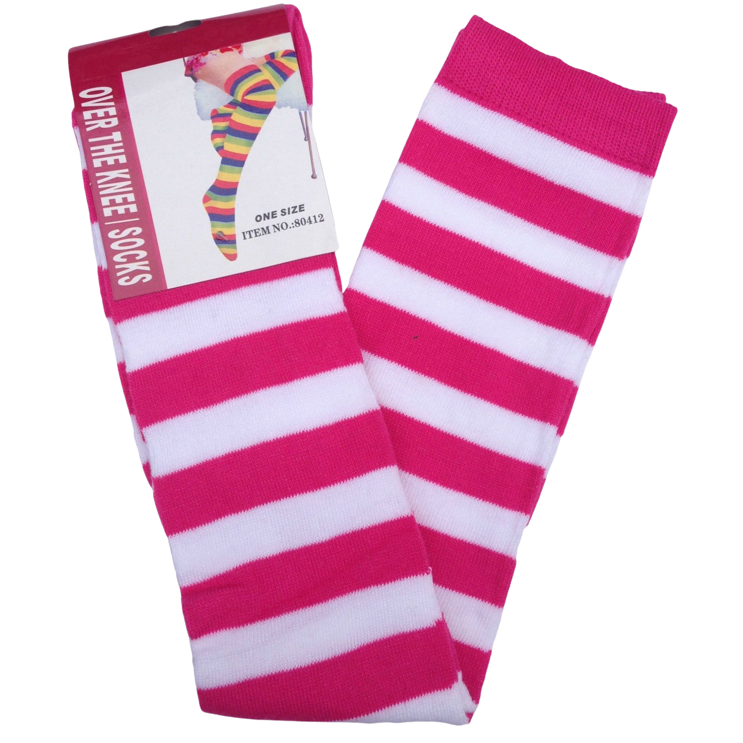 OVER THE KNEE SOCKS Plain Striped High Thigh Ladies Long Womens Stripey Stocking - Pink/White