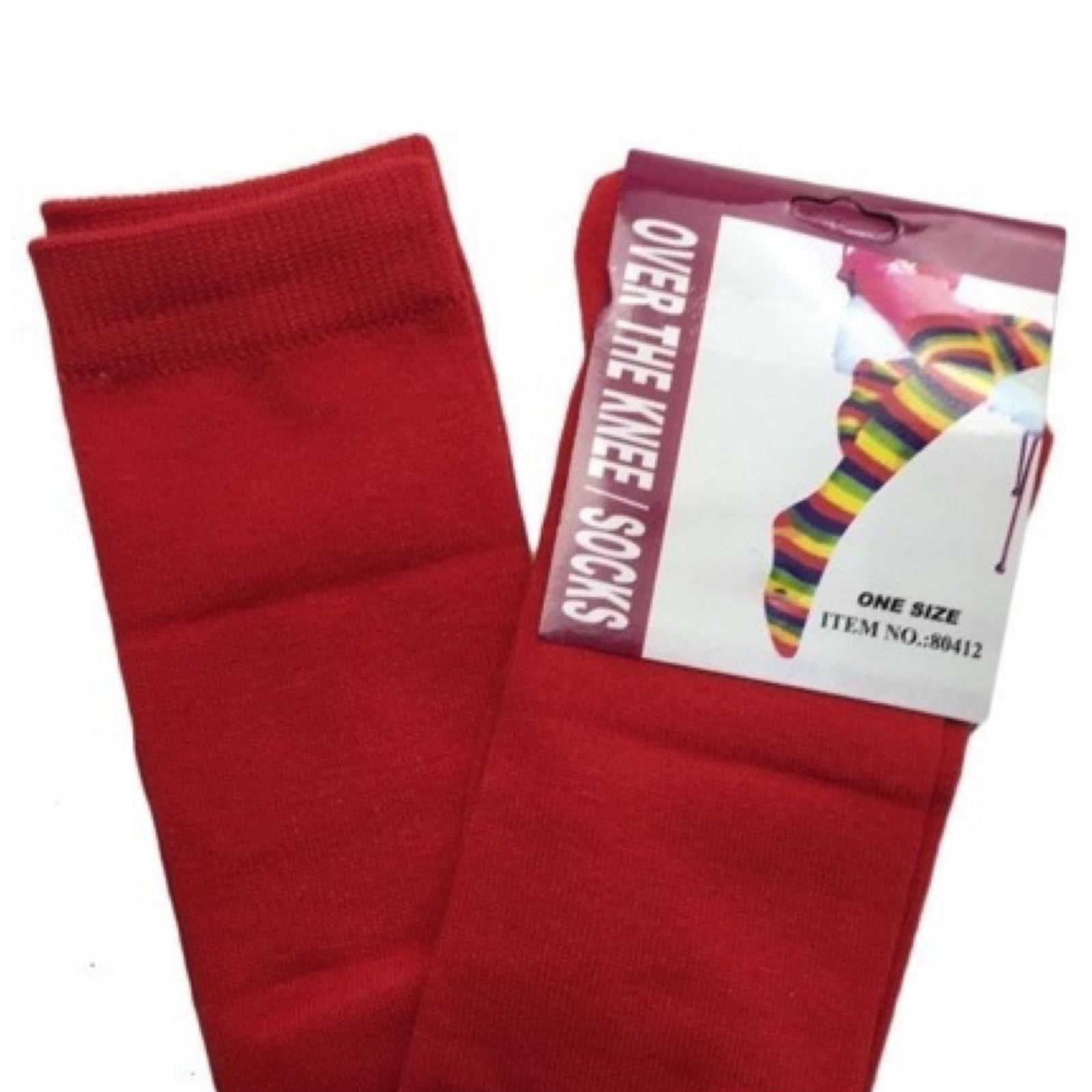 OVER THE KNEE SOCKS Plain Striped High Thigh Ladies Long Womens Stripey Stocking - Plain Red