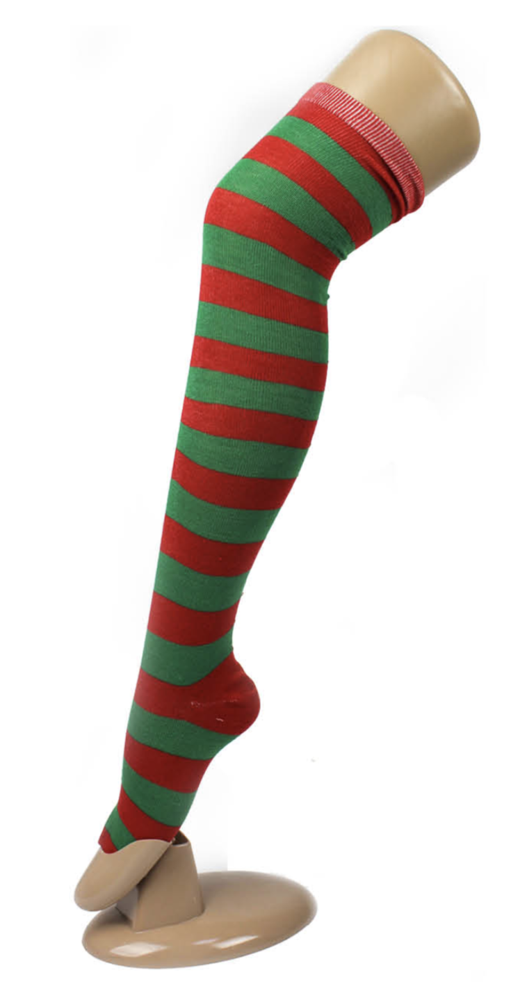 OVER THE KNEE SOCKS Plain Striped High Thigh Ladies Long Womens Stripey Stocking - Red/Green