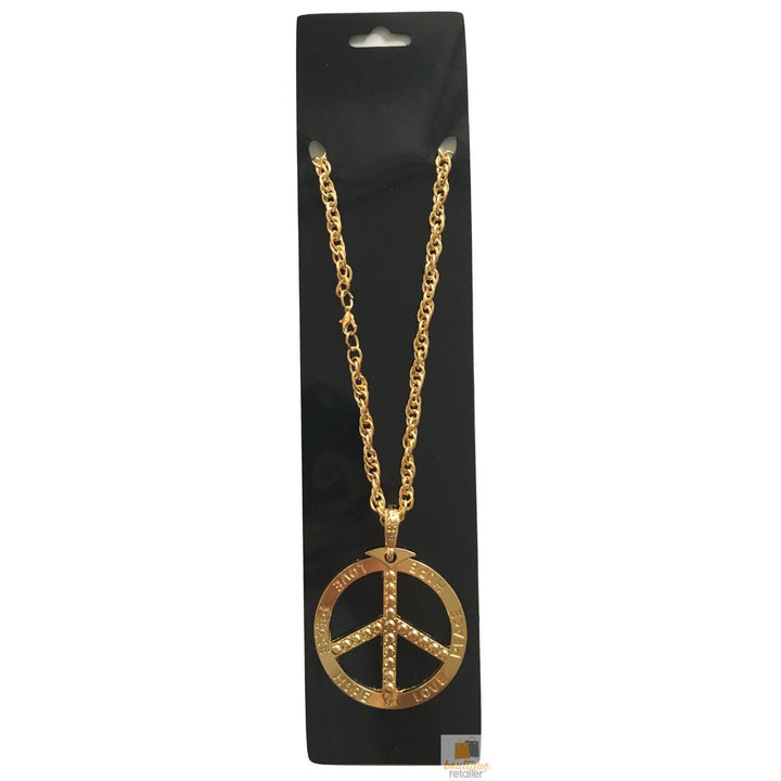 PEACE Sign Metal Necklace Chain Hippie Costume Party Pendant Chain Jewellery 70s 60s - Gold