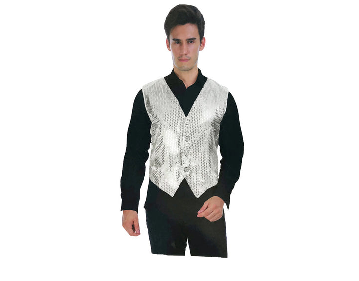 Mens Premium SEQUIN VEST Waistcoat Dance Costume Disco Sparkle Deluxe - Silver