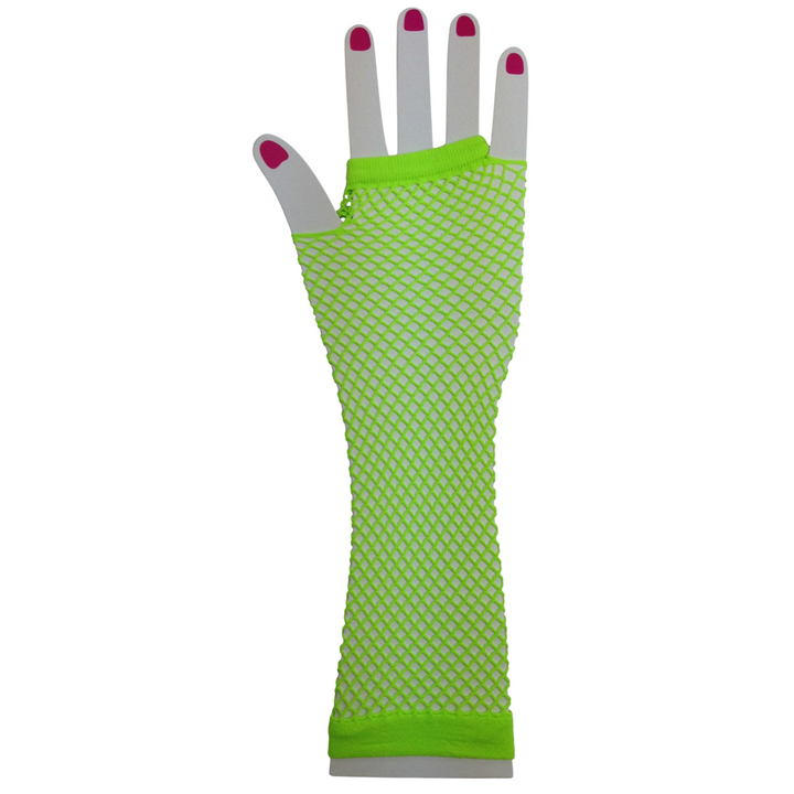 FISHNET GLOVES Fingerless Elbow Length 70s 80s Womens Costume Party Dance - Fluro Green - One Size