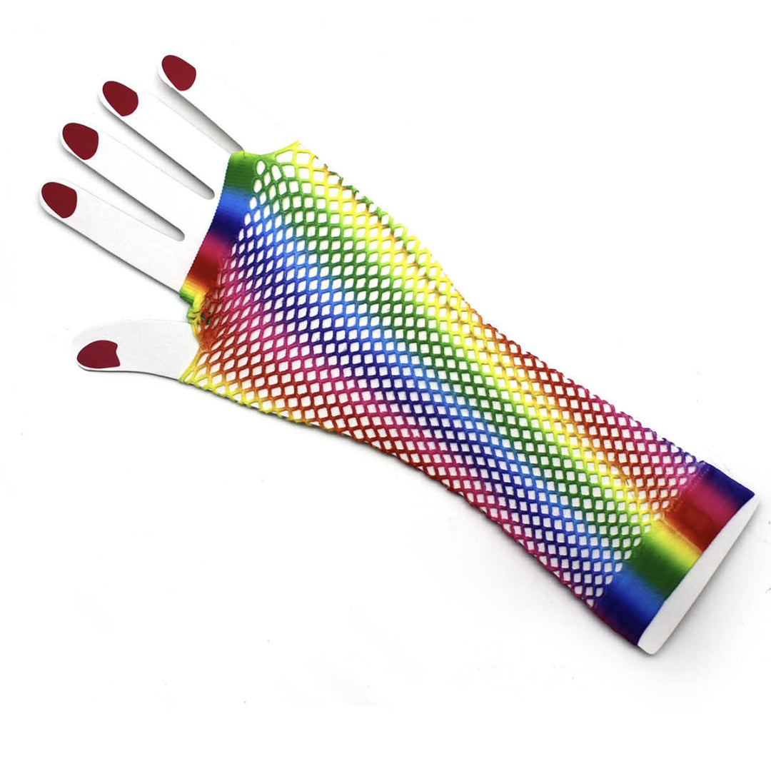 Rainbow Stripe Fishnet Fingerless Gloves 80s Costume Burlesque Dance Mardi Gras