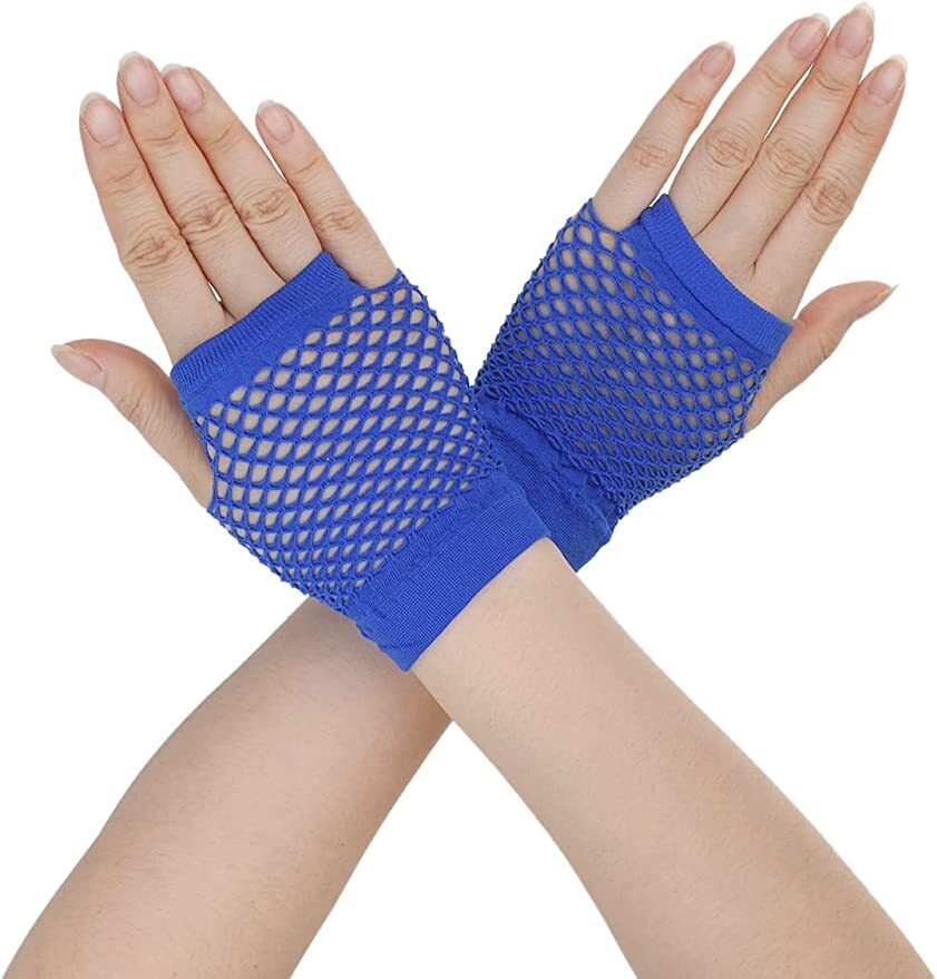 1 Pair Fishnet Gloves Fingerless Wrist Length 70s 80s Costume Party Dance - Blue