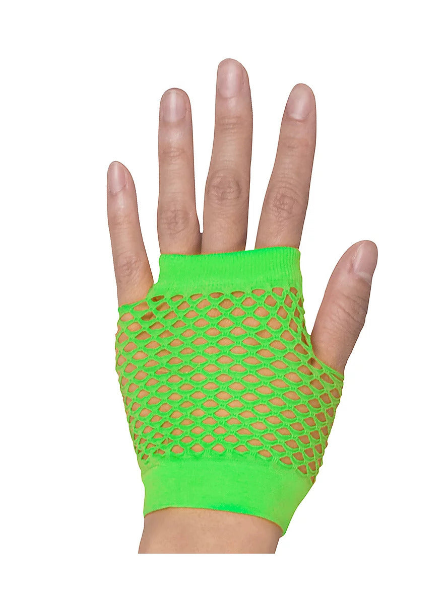 1 Pair Fishnet Gloves Fingerless Wrist Length 70s 80s Costume Party - Neon Green