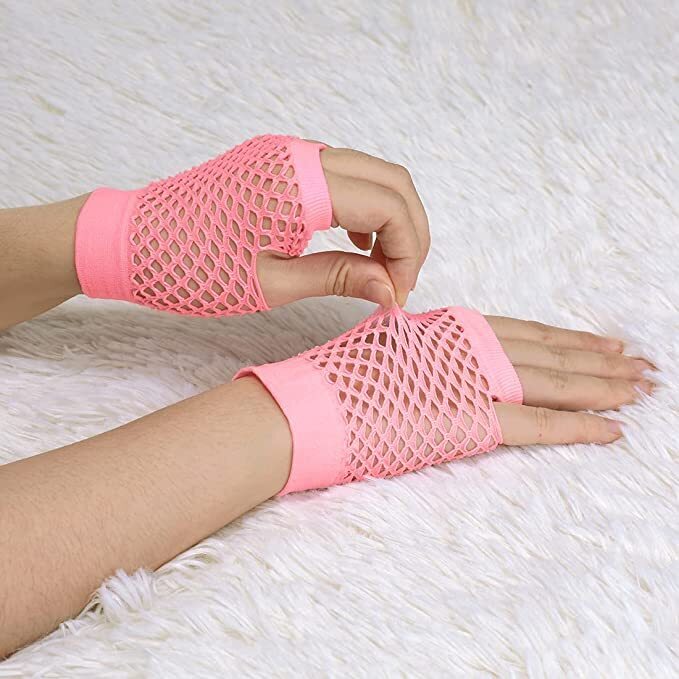 1 Pair Fishnet Gloves Fingerless Wrist Length 70s 80s Costume Party - Light Pink