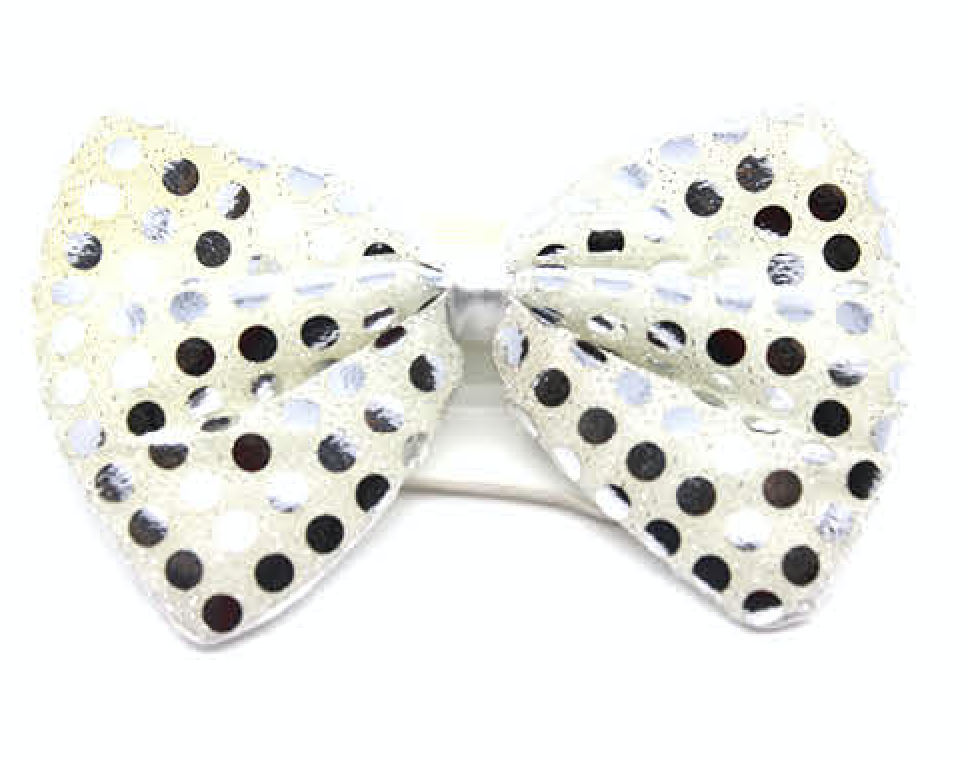 SEQUIN BOW TIE Polka Dots Bowtie Party Unisex Costume  13cm x 9cm Clown - White/Silver