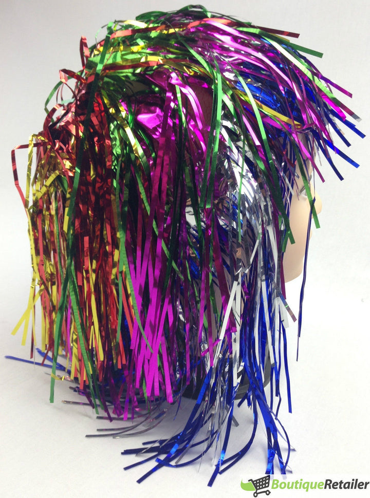 Tinsel Metallic Wig 70s 50s 20s Costume Mens Womens Unisex Disco Fancy Dress Up - Rainbow