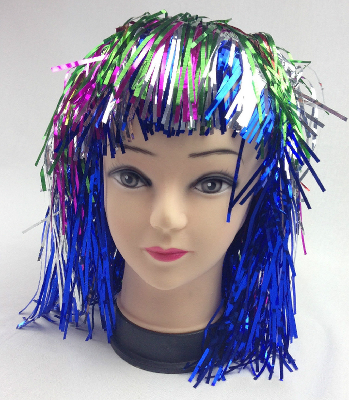 Tinsel Metallic Wig 70s 50s 20s Costume Mens Womens Unisex Disco Fancy Dress Up - Rainbow