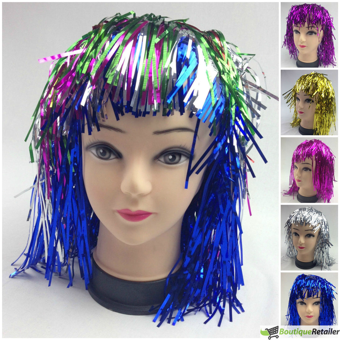 Tinsel Metallic Wig 70s 50s 20s Costume Mens Womens Unisex Disco Fancy Dress Up - Red