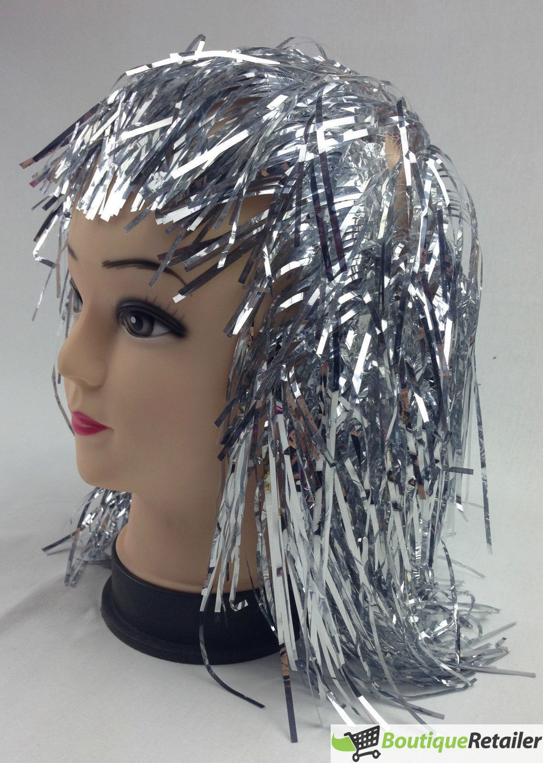 Tinsel Metallic Wig 70s 50s 20s Costume Mens Womens Unisex Disco Fancy Dress Up - Silver