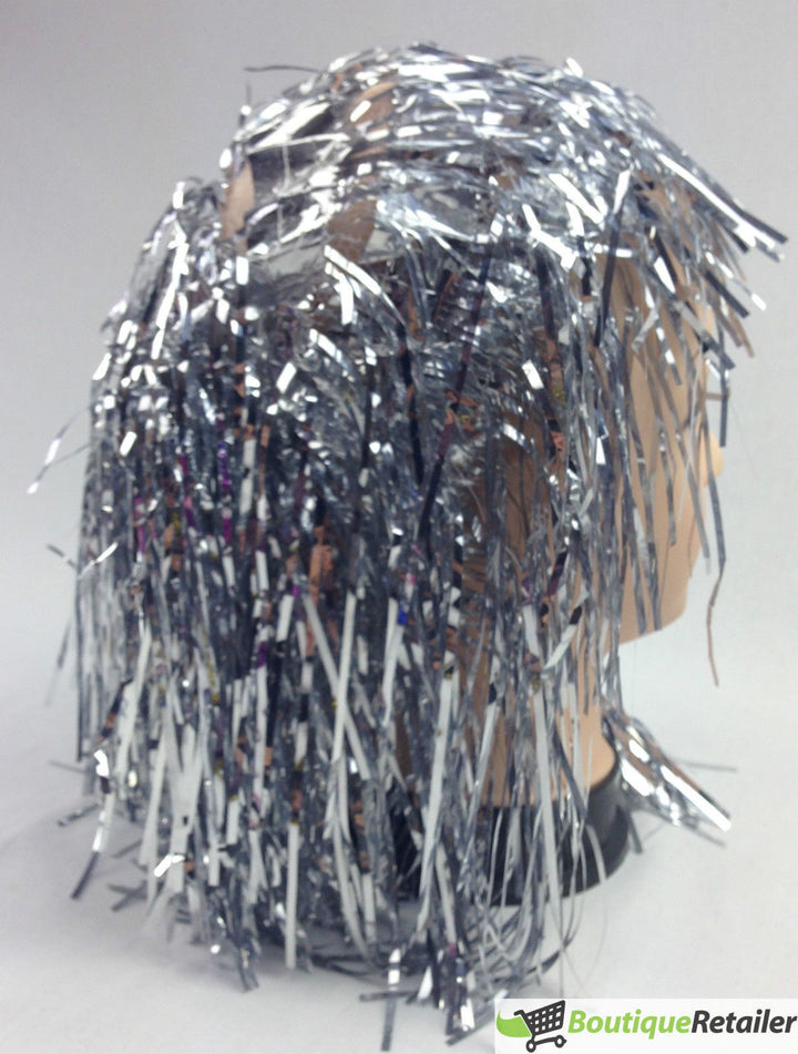 Tinsel Metallic Wig 70s 50s 20s Costume Mens Womens Unisex Disco Fancy Dress Up - Silver