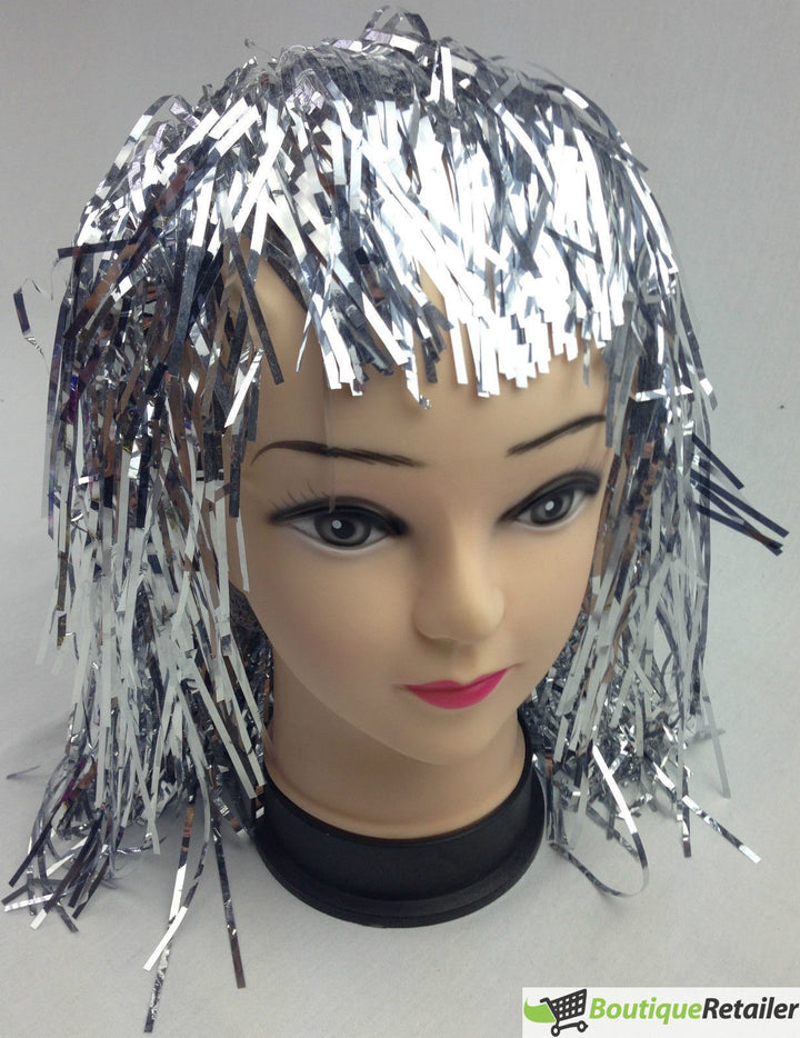 Tinsel Metallic Wig 70s 50s 20s Costume Mens Womens Unisex Disco Fancy Dress Up - Silver