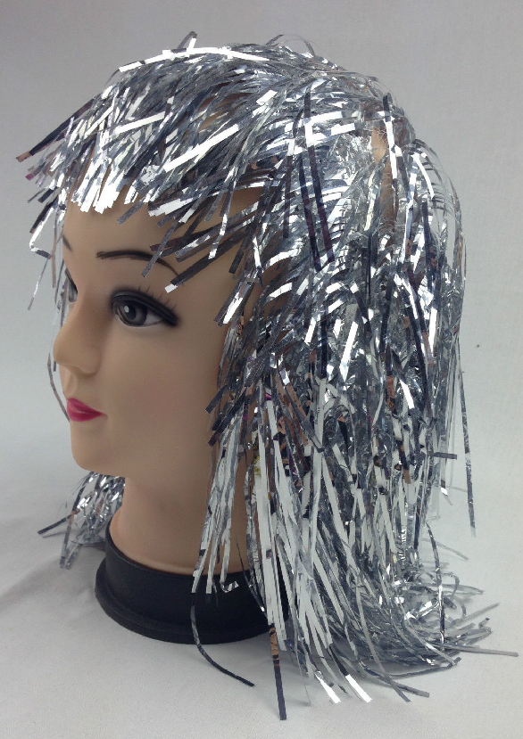 Tinsel Metallic Wig 70s 50s 20s Costume Mens Womens Unisex Disco Fancy Dress Up - Silver