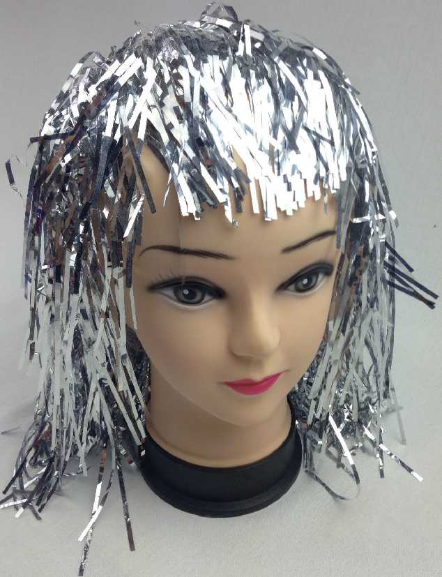 Tinsel Metallic Wig 70s 50s 20s Costume Mens Womens Unisex Disco Fancy Dress Up - Silver