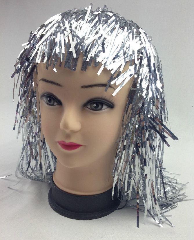 Tinsel Metallic Wig 70s 50s 20s Costume Mens Womens Unisex Disco Fancy Dress Up - Silver