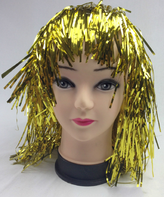 Tinsel Metallic Wig 70s 50s 20s Costume Mens Womens Unisex Disco Fancy Dress Up - Gold/Yellow