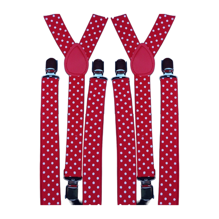 2x Mens Suspenders Braces Adjustable Strong Clip On Elastic Formal Wedding Slim - Red with White Polka Dot