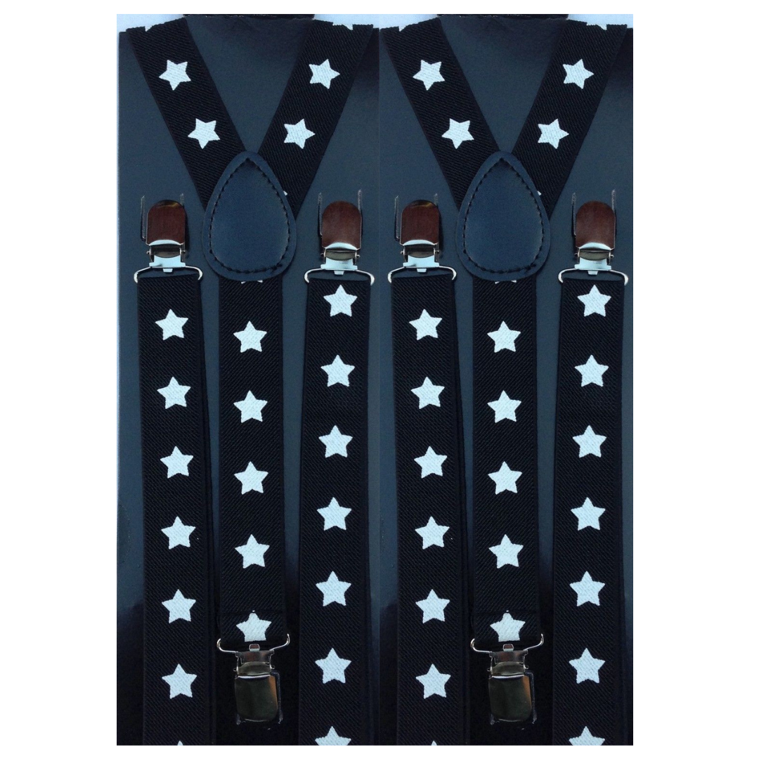 2x Mens Suspenders Braces Adjustable Strong Clip On Elastic Formal Wedding Slim - Black with White Stars