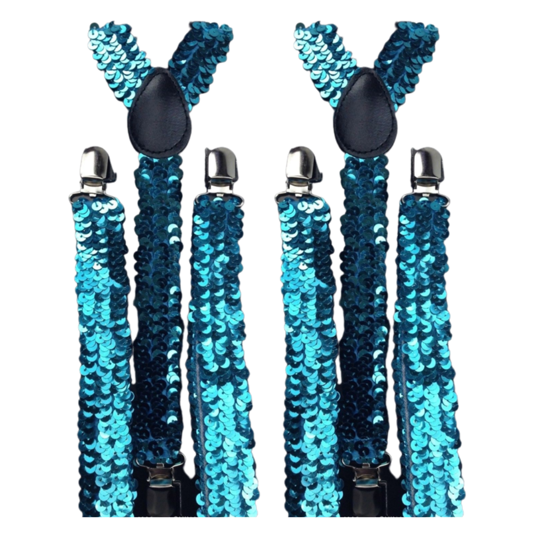 2x Mens Suspenders Braces Adjustable Strong Clip On Elastic Formal Wedding Slim - Blue (Sequin)