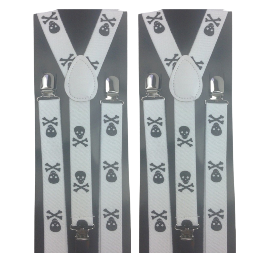 2x Mens Suspenders Braces Adjustable Strong Clip On Elastic Formal Wedding Slim - White with Black Skulls