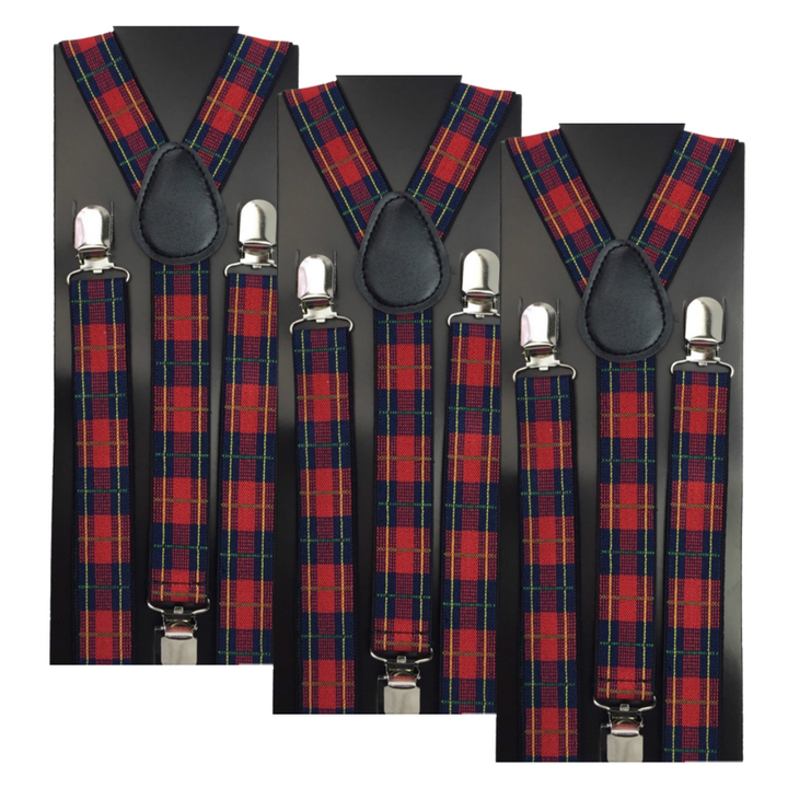 3x Mens Suspenders Braces Adjustable Strong Clip On Elastic Formal Wedding Slim - Tartan 1