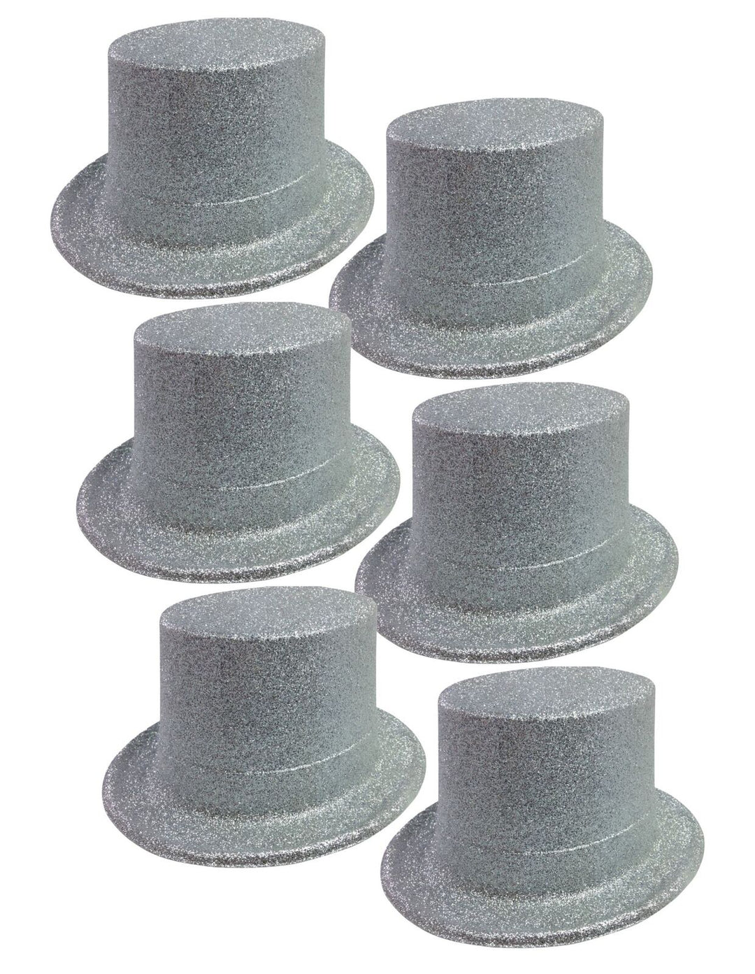 6x GLITTER TOP HAT Fancy Party Plastic Costume Tall Cap Fun Dress Up BULK - Silver - One Size