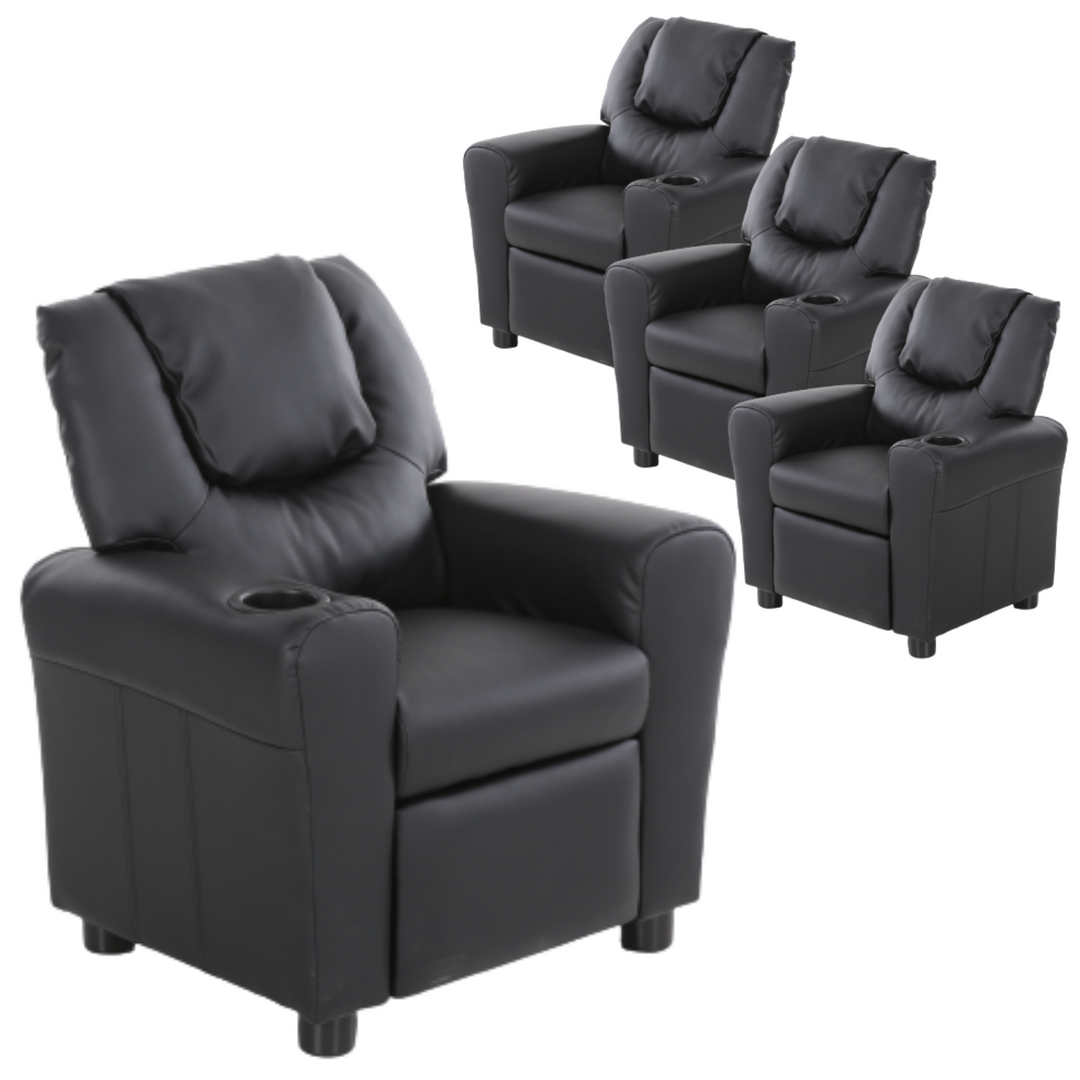 Set of 4 Oliver Kids Recliner Chair Sofa Children Lounge Couch PU Armchair Black