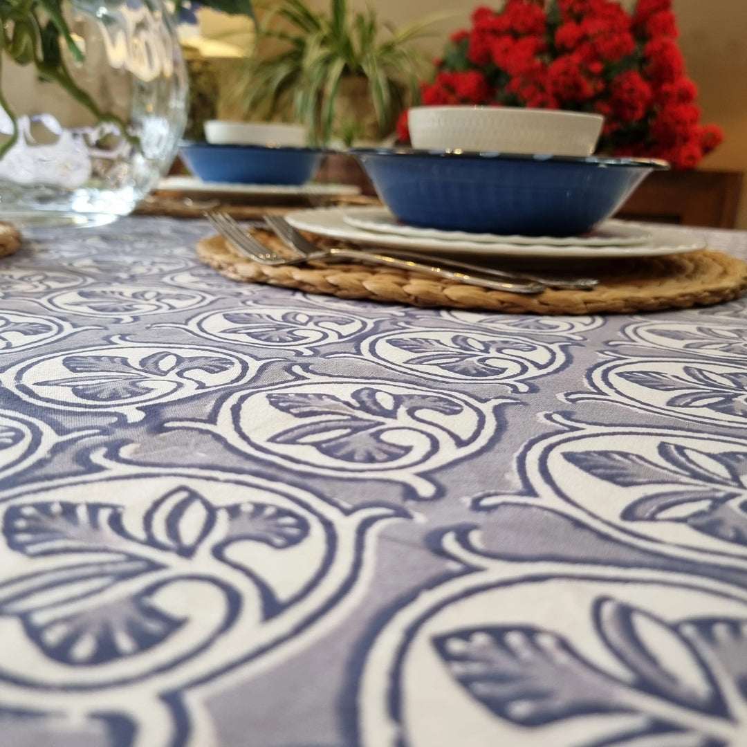 Kolka Lotus Handle Block-Printed Simple Dining Table Tablecloth - Grey