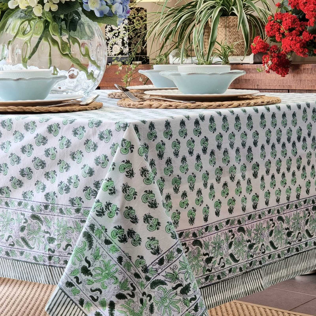 Kolka Rosemary Hand Block-Printed Cotton Tablecloth - Green