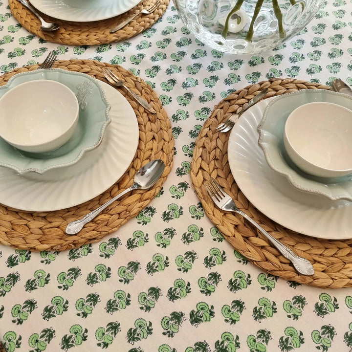 Kolka Rosemary Hand Block-Printed Cotton Tablecloth - Green