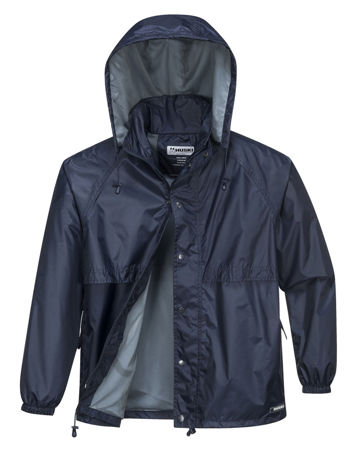 HUSKI STRATUS RAIN JACKET Waterproof Workwear Concealed Hood Windproof Packable - Navy Blue - XL