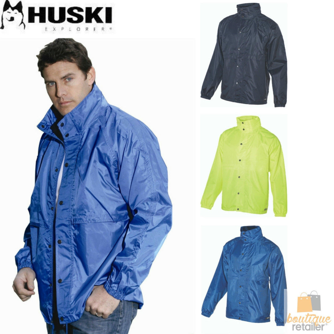 HUSKI STRATUS RAIN JACKET Waterproof Workwear Concealed Hood Windproof Packable - Navy Blue - XL