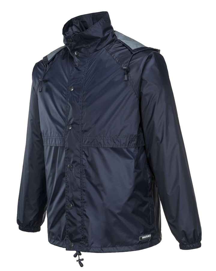 HUSKI STRATUS RAIN JACKET Waterproof Workwear Concealed Hood Windproof Packable - Navy Blue - 5XL