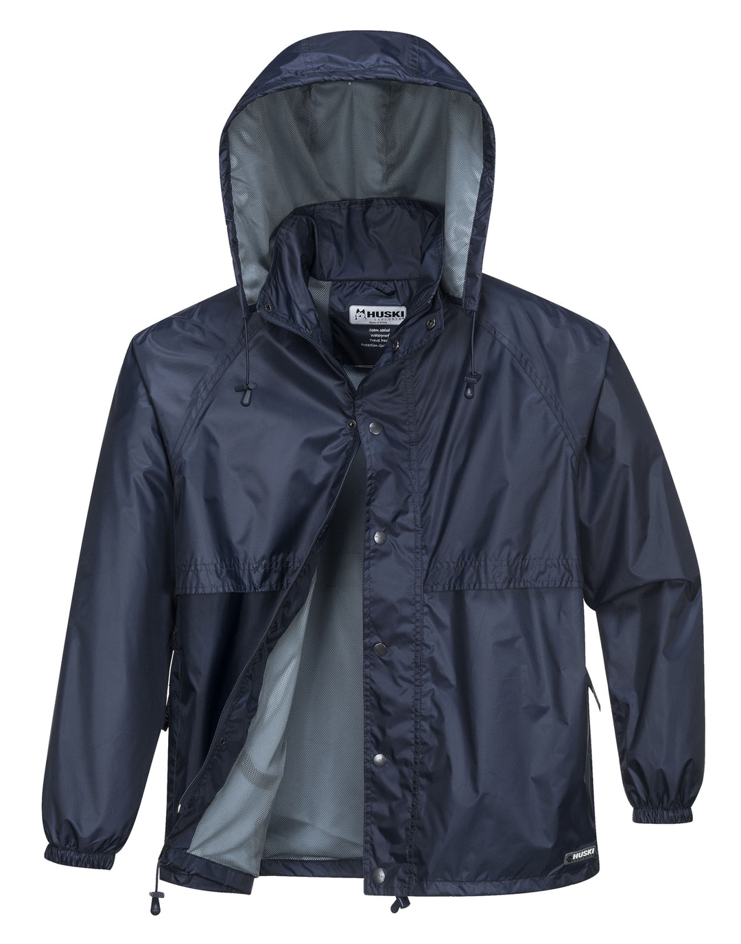 HUSKI STRATUS RAIN JACKET Waterproof Workwear Concealed Hood Windproof Packable - Navy Blue - XXL