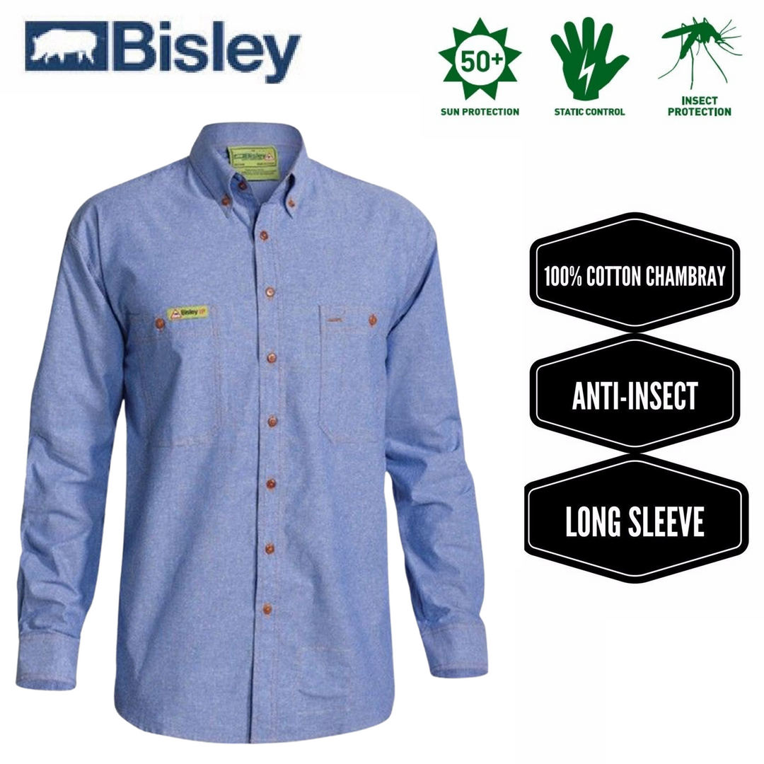 BISLEY Insect Protection Repellent Long Sleeve Casual Shirt Fishing Camping - Blue - S