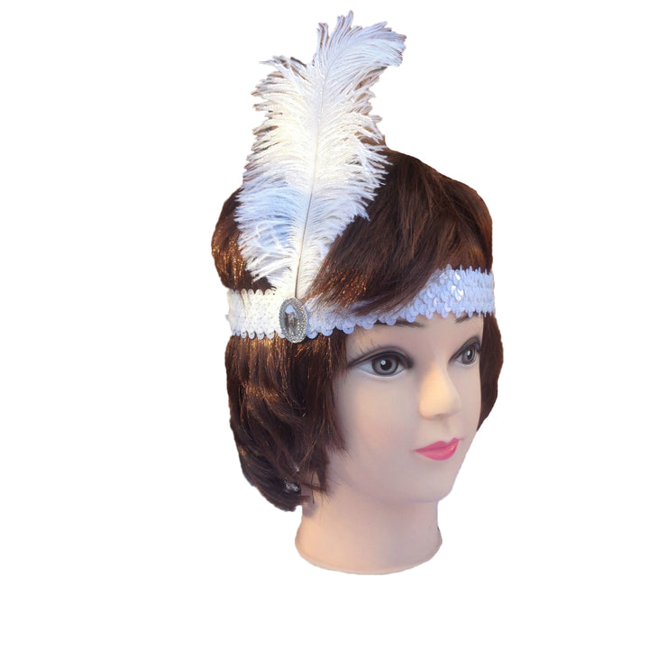 12x 1920s FLAPPER HEADBAND Headpiece Feather Sequin Charleston Gatsby Party BULK - White