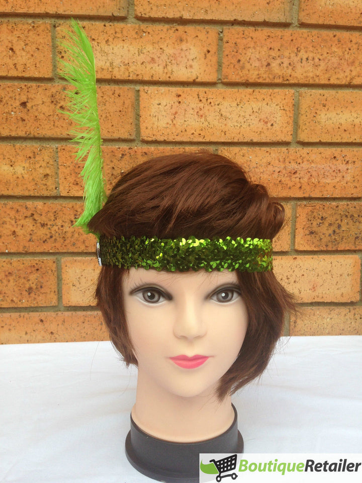 3x 1920s FLAPPER HEADBAND Headpiece Feather Sequin Charleston Costume Gatsby - Green