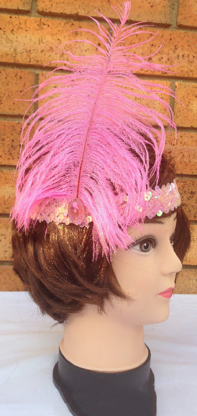 3x 1920s FLAPPER HEADBAND Headpiece Feather Sequin Charleston Costume Gatsby - Light Pink