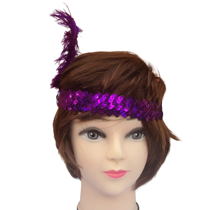 3x 1920s FLAPPER HEADBAND Headpiece Feather Sequin Charleston Costume Gatsby - Purple