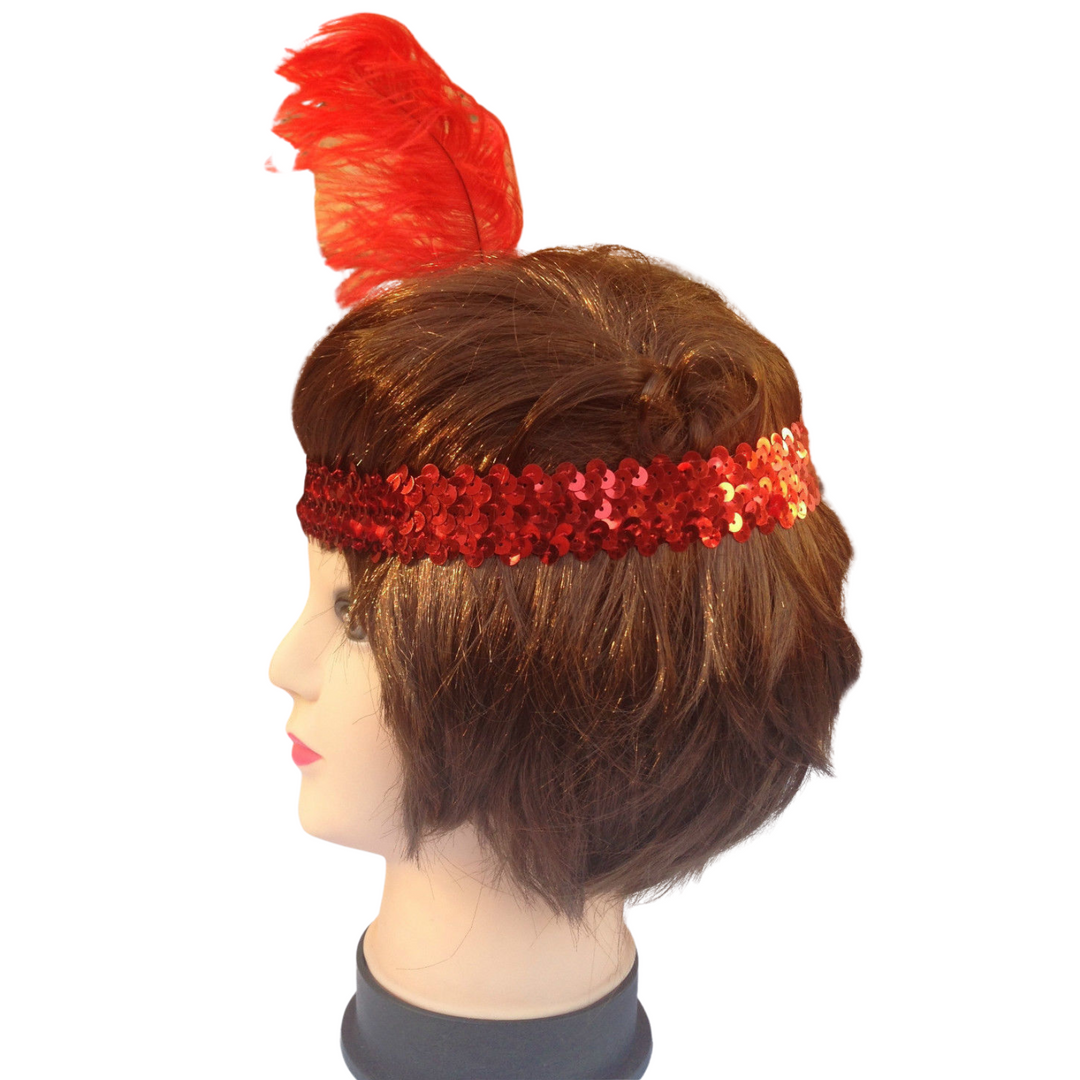 3x 1920s FLAPPER HEADBAND Headpiece Feather Sequin Charleston Costume Gatsby - Red