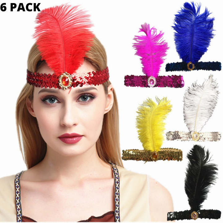 6x 1920s FLAPPER HEADBAND Headpiece Feather Sequin Charleston Costume Party BULK - Assorted Colours Pack