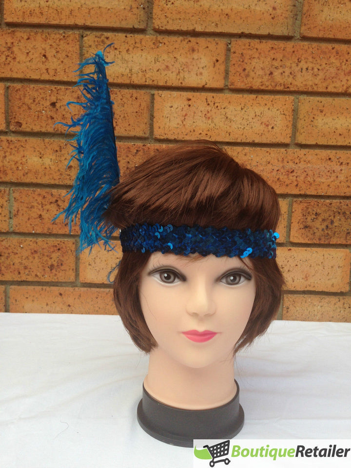 6x 1920s FLAPPER HEADBAND Headpiece Feather Sequin Charleston Costume Party BULK - Blue