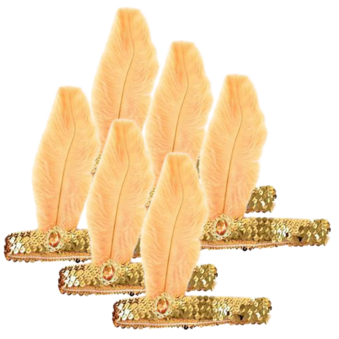 6x 1920s FLAPPER HEADBAND Headpiece Feather Sequin Charleston Costume Party BULK - Gold/Orange