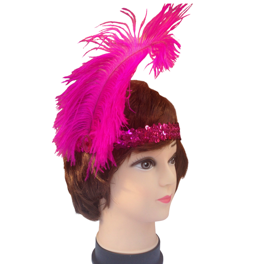 6x 1920s FLAPPER HEADBAND Headpiece Feather Sequin Charleston Costume Party BULK - Hot Pink