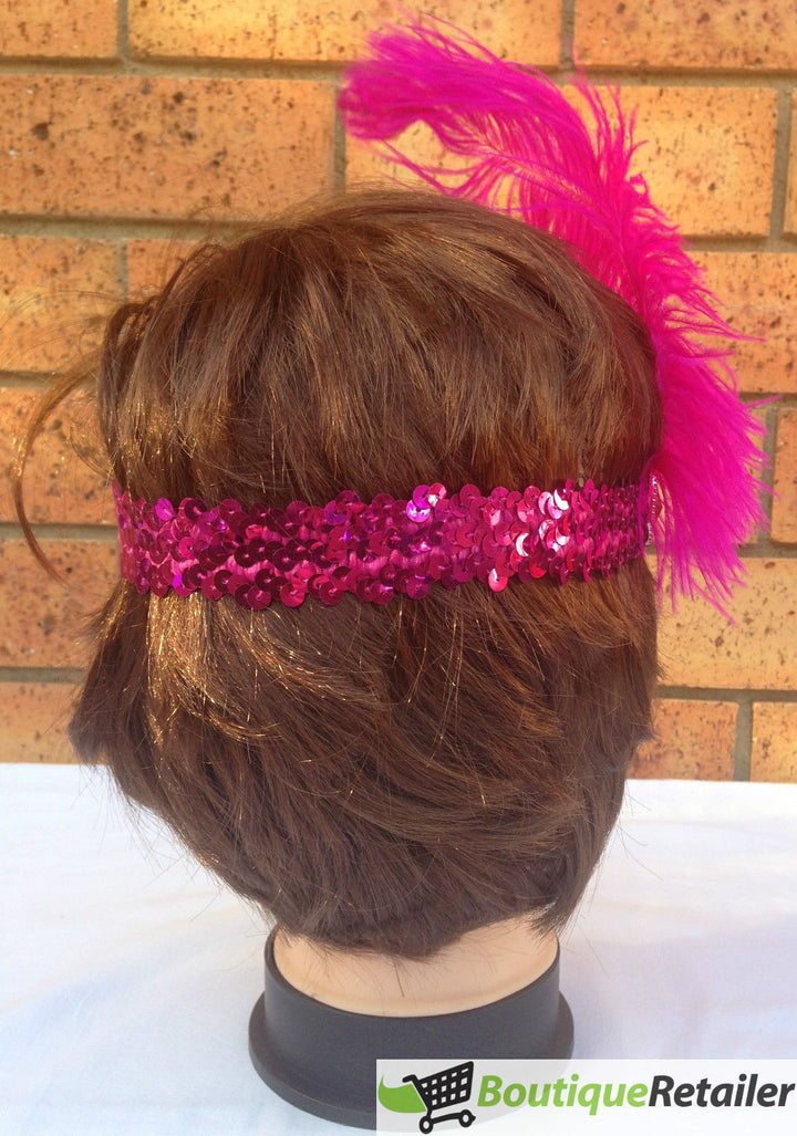 6x 1920s FLAPPER HEADBAND Headpiece Feather Sequin Charleston Costume Party BULK - Hot Pink