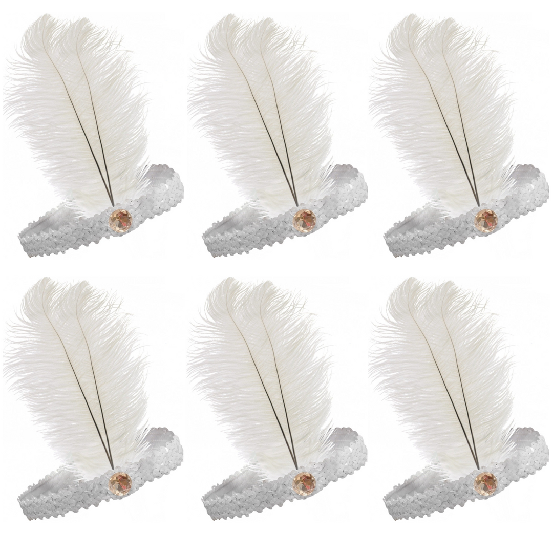 6x 1920s FLAPPER HEADBAND Headpiece Feather Sequin Charleston Costume Party BULK - White