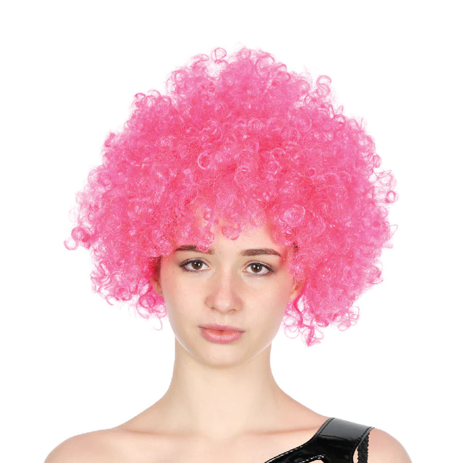 Mens DELUXE AFRO WIG Curly Hair Costume Party Fancy Disco 70s 80s Dress Up - Hot Pink