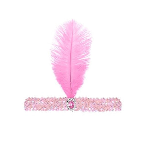 1920s FLAPPER HEADBAND Headpiece Feather Sequin Charleston Costume Gatsby Dance - Light Pink